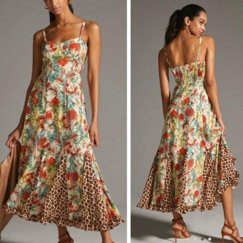 Hutch Anthropologie Floral and Leopard Corset Maxi Dress